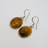 Pair of Sterling Silver Tiger's Eye Oval Form Hook Drop Earrings Vintage c1970