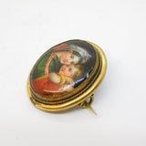Victorian Gold Plated Painted Porcelain Mother & Child Brooch Antique