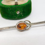 Sterling Silver & Baltic Amber Celtic Knot Bar Brooch Vintage c1970