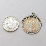 Sterling Silver Queen Victoria Sixpence Coin Charm Pendant Antique c1880s