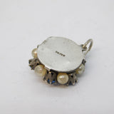 Sterling Silver, Blue Paste & Pearl Set Floral Drop Pendant Antique c1930
