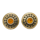 Pair of Sterling Silver Patterned Amber Button Form Stud Earrings Vintage c1970