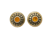 Pair of Sterling Silver Patterned Amber Button Form Stud Earrings Vintage c1970