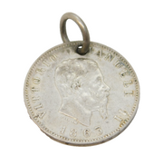 19th Century Italian Sterling Silver 1 Lira Coin Charm Pendant Antique 1863
