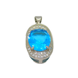 Sterling Silver Oval Cut Blue Topaz & White Topaz Drop Pendant Modern c1990s