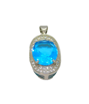Sterling Silver Oval Cut Blue Topaz & White Topaz Drop Pendant Modern c1990s