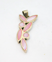 Sterling Silver Dyed Pink Shell Leaf Design Drop Pendant Vintage c1970