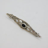 Sterling Silver Black Onyx Oval Set Wing Form Bar Brooch Pin Vintage c1970