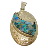 Sterling Silver Mosaic Style Opal Set Oval Patterned Charm Pendant Vintage c1970
