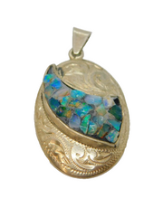 Sterling Silver Mosaic Style Opal Set Oval Patterned Charm Pendant Vintage c1970