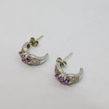 Pair of Sterling Silver Amethyst Set Half Hoop Stud Earrings Vintage c1970
