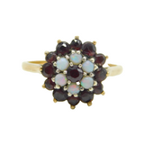 9ct Yellow Gold, Garnet & Opal Set Floral Cluster Ring Vintage c1970s