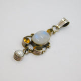 Sterling Silver 3 Citrine, Cabochon Moonstone & Pearl Pendant Vintage c1970s