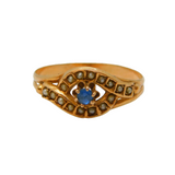 Victorian 18ct Rose Gold, Sapphire & Seed Pearl 'Eye' Form Ring Antique c1890s