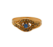 Victorian 18ct Rose Gold, Sapphire & Seed Pearl 'Eye' Form Ring Antique c1890s