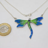Sterling Silver & Colourful Enamel Dragonfly Pendant Necklace Antique c1930 Deco