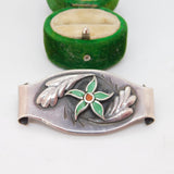 Victorian Sterling Silver & Enamel Floral Swirl Brooch Antique c1890 Nouveau