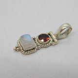 Sterling Silver, Garnet & Moonstone Drop Pendant Vintage c1970