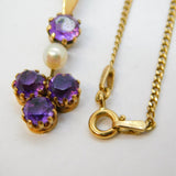9ct Yellow Gold, Amethyst & Pearl Set Floral Drop Pendant Necklace Vintage
