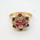 9ct Yellow Gold, Ruby & Diamond Floral Cluster Ring Vintage London
