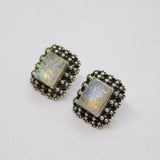 Pair of Sterling Silver Carved Clover On Moonstone Stud Earrings Vintage c1970