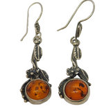 Sterling Silver & Baltic Amber Floral Drop Earrings Vintage c1980s
