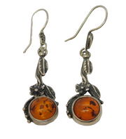Sterling Silver & Baltic Amber Floral Drop Earrings Vintage c1980s