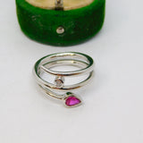 Sterling Silver, Ruby & Spinel Set Crossover Ring Vintage c1970 Size O UK