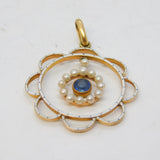 Edwardian 15ct Gold, White Enamel, Pearl & Sapphire Lavalier Pendant Antique
