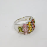 Sterling Silver Multi-Colour Gemstone White Band Dress Ring Vintage c1970 Size O