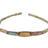Sterling Silver Pastel Dyed Shell Greek Key Pattern Panel Bracelet Modern c1990