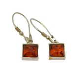 Pair of Sterling Silver Baltic Amber Square Hook Drop Earrings Vintage c1990