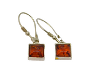 Pair of Sterling Silver Baltic Amber Square Hook Drop Earrings Vintage c1990