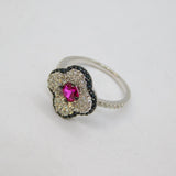 Sterling Silver Synthetic Ruby & Spinel Flower Ring Modern c1990 Size L 1/2