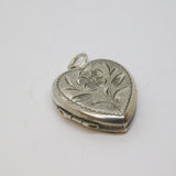 Sterling Silver Engraved Flower Heart Locket Charm Pendant Vintage c1970