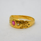 Victorian 18ct Yellow Gold, Ruby & Diamond Gypsy Ring Antique c1880s