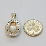 Sterling Silver Blue-Green Opal Cabochon & Spinel Oval Pendant Vintage c1970