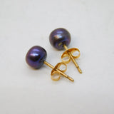 Pair of 9ct Yellow Gold & Cultured Black Pearl Stud Earrings Vintage c1990s