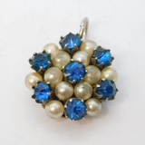 Sterling Silver, Blue Paste & Pearl Set Floral Drop Pendant Antique c1930