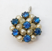 Sterling Silver, Blue Paste & Pearl Set Floral Drop Pendant Antique c1930