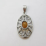 Sterling Silver & Cabochon Amber Floral Drop Pendant Vintage c1980