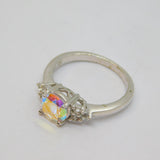 Sterling Silver Iridescent Crystal & White Sapphire Ring Vintage c1970 Size N