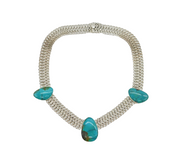 Large Mexican Style Sterling Silver & Turquoise Statement Necklace Vintage
