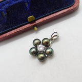 Sterling Silver Black Pearl & Paste Flower Cluster Charm Pendant Vintage c1970