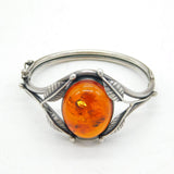 Sterling Silver Large Baltic Amber Floral Bangle Bracelet Vintage c1970s