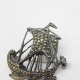 Sterling Silver Marcasite Set Viking Ship Brooch Antique c1930 Art Deco