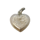 Sterling Silver Floral Pattern Heart Charm Pendant Vintage c1970