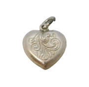 Sterling Silver Floral Pattern Heart Charm Pendant Vintage c1970