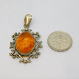 Sterling Silver Baltic Amber Oval Set Patterned Drop Charm Pendant Vintage c1970