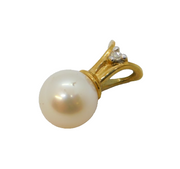 9ct Yellow Gold, Diamond & Pearl Set Drop Pendant Vintage c1980s